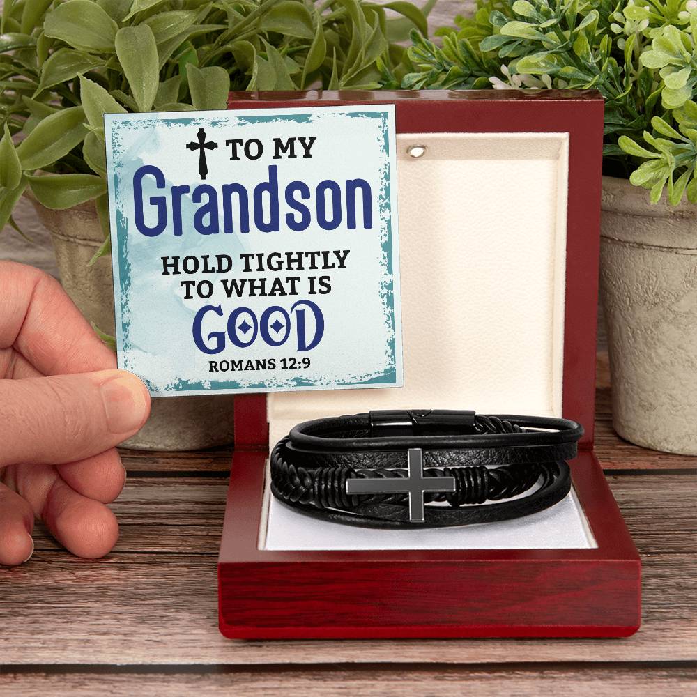 To My Grandson - Men's Cross Leather Bracelet