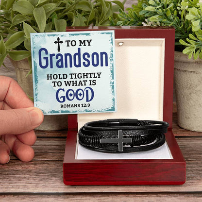 To My Grandson - Men's Cross Leather Bracelet