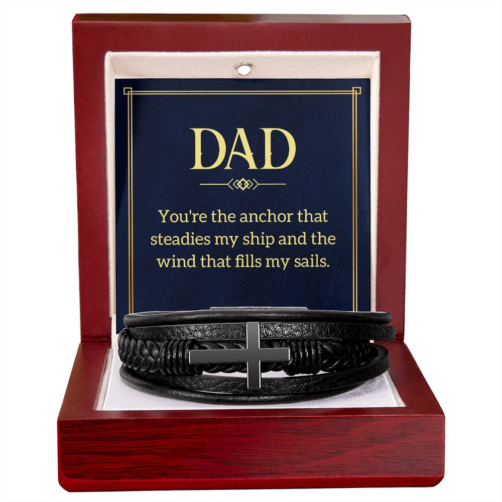 Dad: You're the Anchor - Men's Cross Leather Bracelet