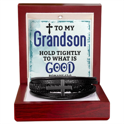 To My Grandson - Men's Cross Leather Bracelet