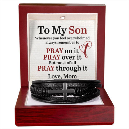 To My Son From Mom - Men's Cross Leather Bracelet