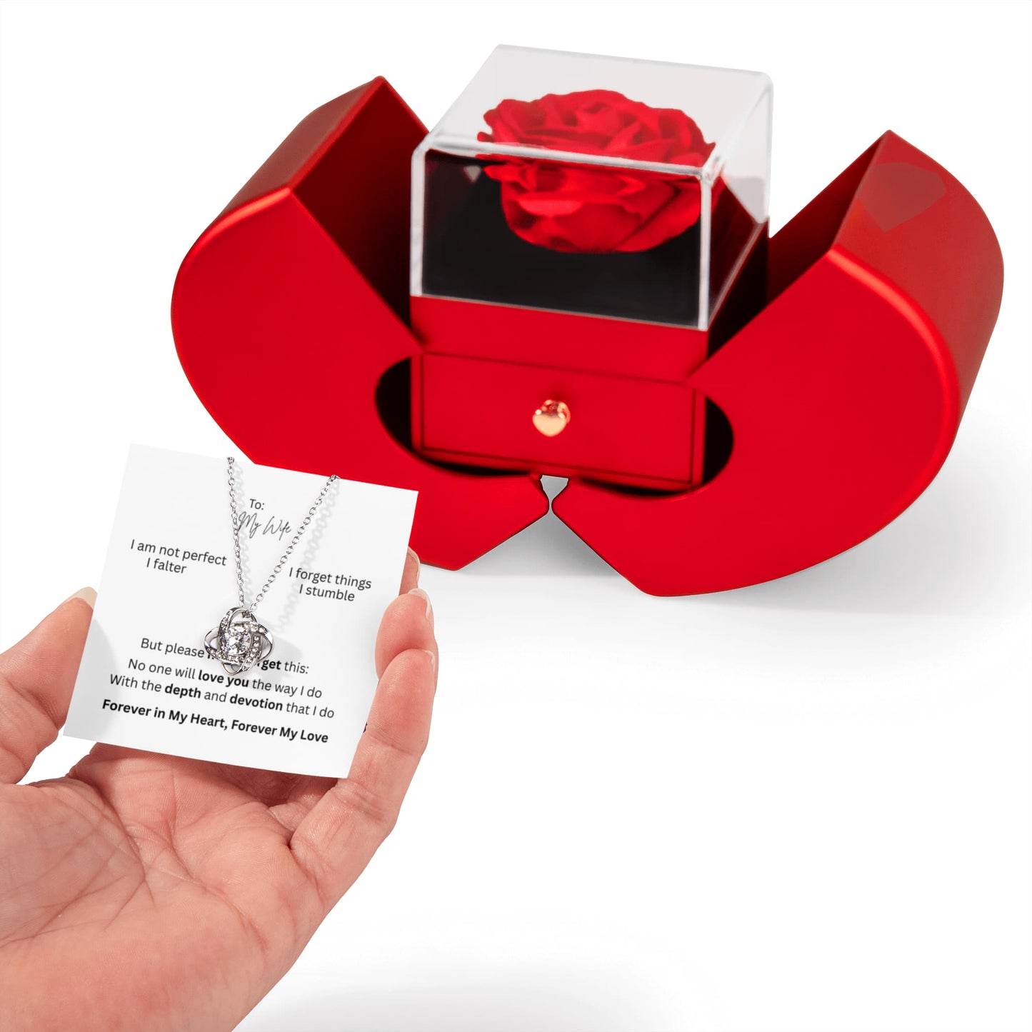 To My Wife: Love Knot Necklace with Red Heart Rose Box