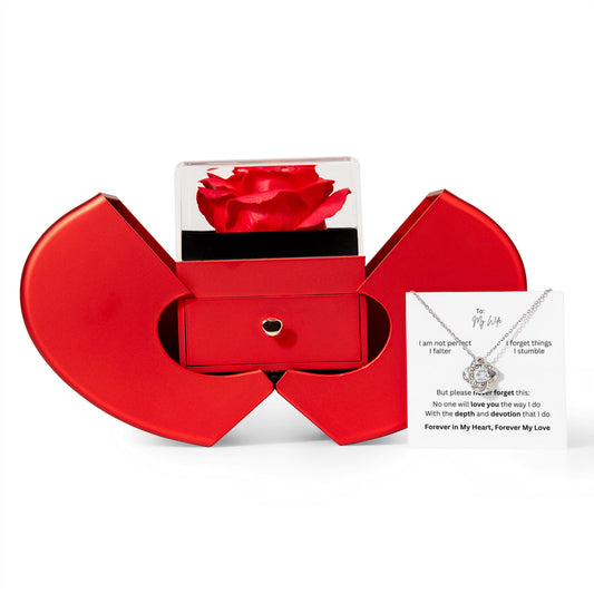 To My Wife: Love Knot Necklace with Red Heart Rose Box