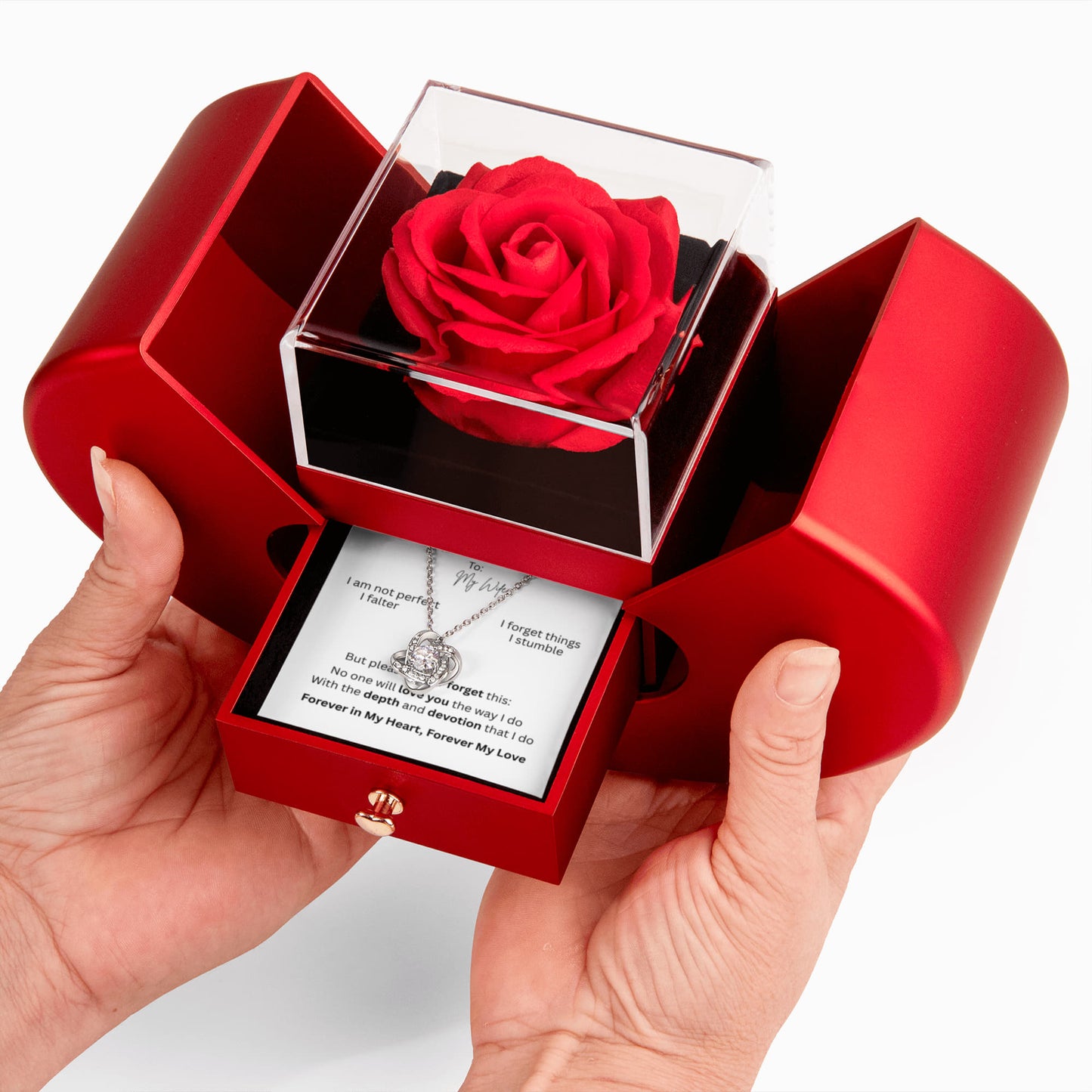 To My Wife: Love Knot Necklace with Red Heart Rose Box