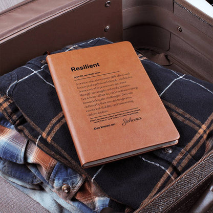 Vegan Leather Journal, Resilient Motivational Gift, Inspirational Notebook, Customizable Diary, Brown Personal Organizer