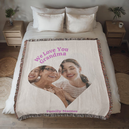 Custom Photo Woven Blanket, Personalized Grandma Gift, Heart Shape Keepsake, 100% Cotton Yarn, Family Photo Throw