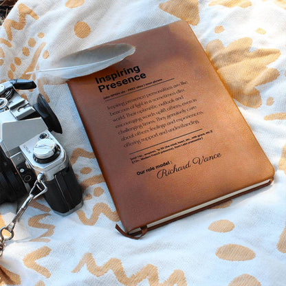 Inspiring Presence Graphic Vegan Leather Journal, Personalized Notebook Gift, Inspirational Writing Journal, Custom Brown Journal