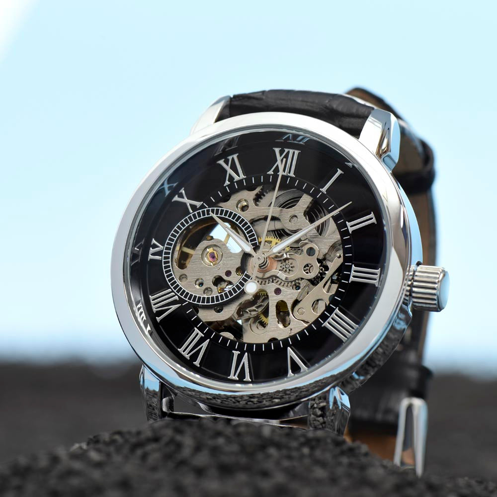 A Bold Timepiece for the Man Who Has Your Heart | Men's Openwork Watch, Luxury Skeleton | Genuine Black | Gift for Soulmate