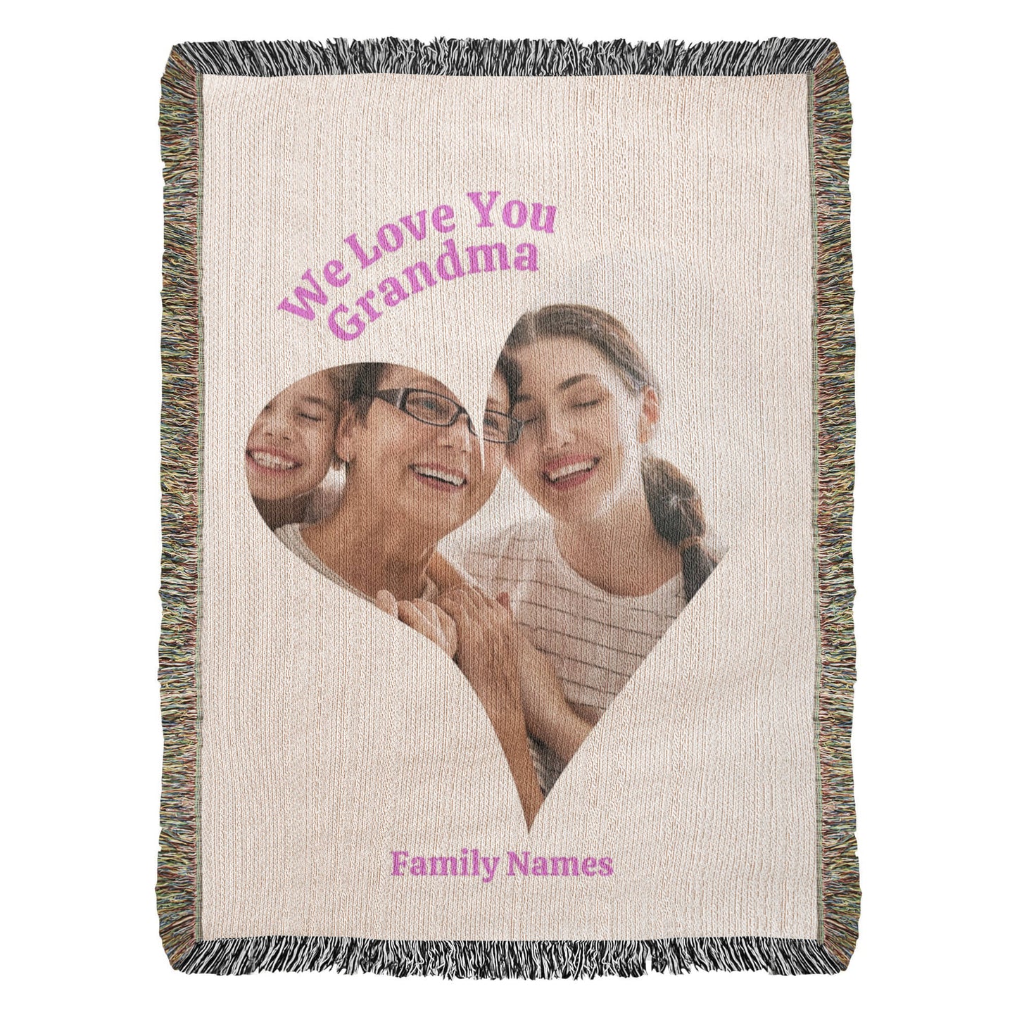 Custom Photo Woven Blanket, Personalized Grandma Gift, Heart Shape Keepsake, 100% Cotton Yarn, Family Photo Throw