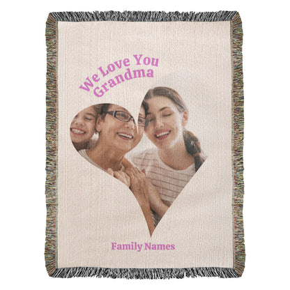 Custom Photo Woven Blanket, Personalized Grandma Gift, Heart Shape Keepsake, 100% Cotton Yarn, Family Photo Throw