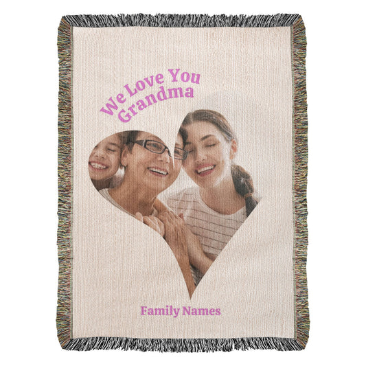 Custom Photo Woven Blanket, Personalized Grandma Gift, Heart Shape Keepsake, 100% Cotton Yarn, Family Photo Throw