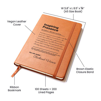 Inspiring Presence Graphic Vegan Leather Journal, Personalized Notebook Gift, Inspirational Writing Journal, Custom Brown Journal