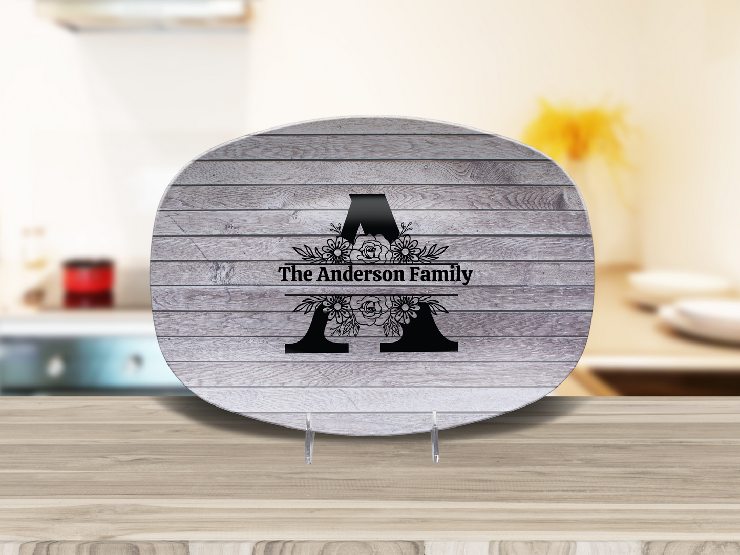 Personalized Family Name Oval Platter, Custom Dinnerware, Rustic Wood Design, Unique Wedding Gift, Unbreakable Serving Tray, Kitchen Decor