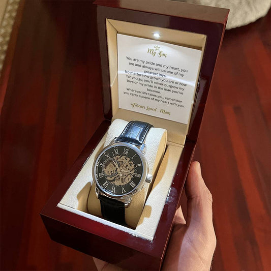 Gift for Son - Show Your Love and Give Him This Timepiece | Men's Openwork Watch, Luxury Skeleton | Genuine Black Leather