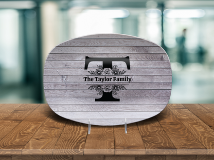 Personalized Family Name Oval Platter, Custom Dinnerware, Rustic Wood Design, Unique Wedding Gift, Unbreakable Serving Tray, Kitchen Decor