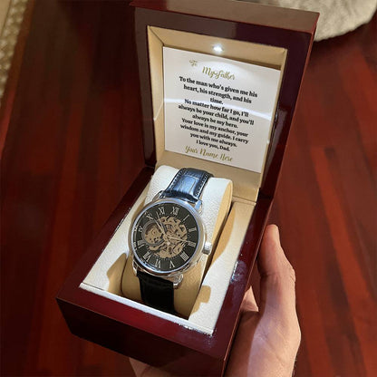 Gift for Father - For the Man Who Gives You His Time—Give Him This Timepiece | Men's Openwork Watch, Luxury Skeleton | Genuine Black Leather