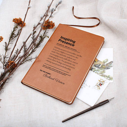 Inspiring Presence Graphic Vegan Leather Journal, Personalized Notebook Gift, Inspirational Writing Journal, Custom Brown Journal