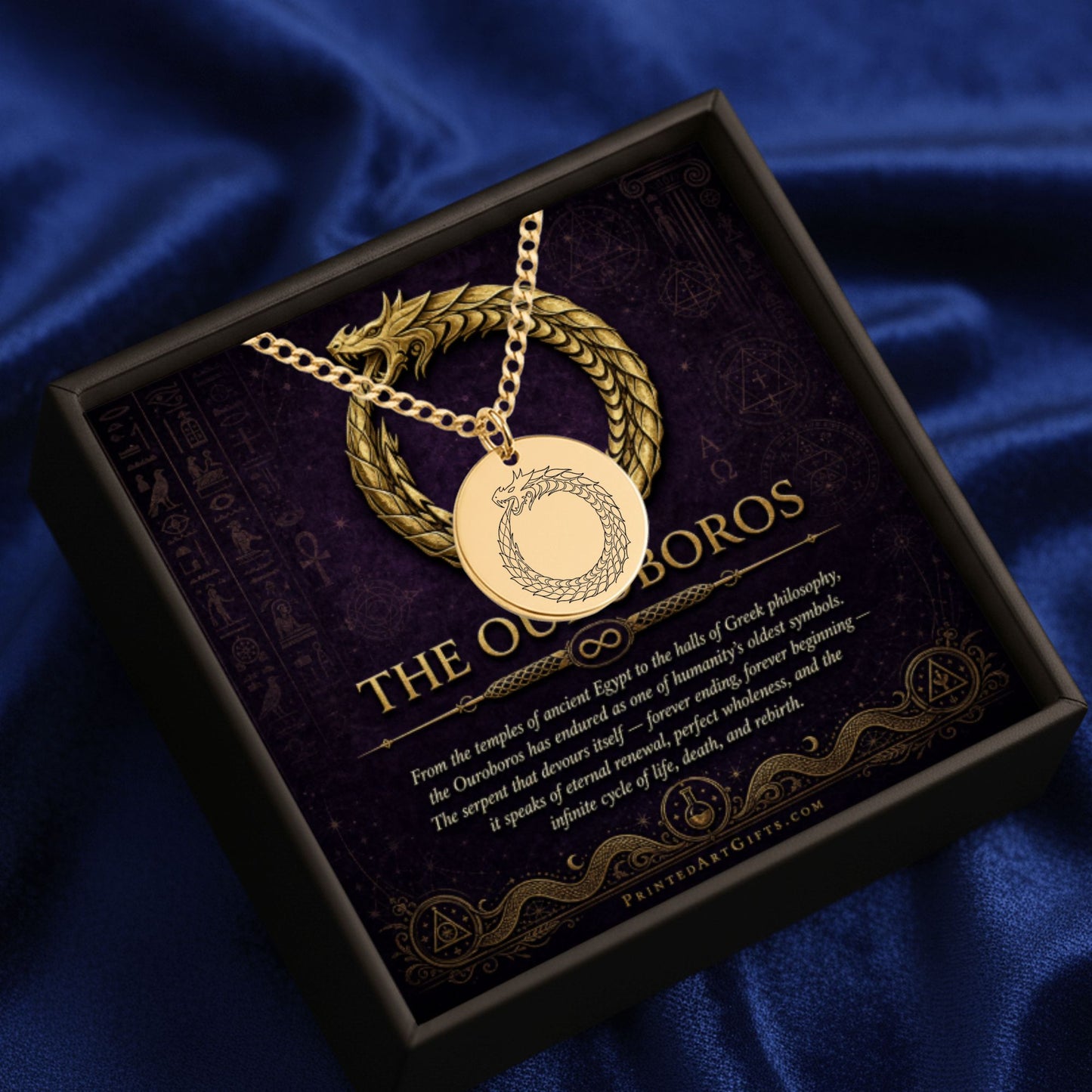Ouroboros Necklace, Gold Engraved Pendant, Customizable Gift for Him Her, Laser Engraved Jewelry